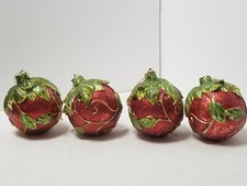 RARE SET OF 4 SHIMMERING RED APPLES WITH LEAF VINES CHRISTMAS ORNAMENTS 3.5"