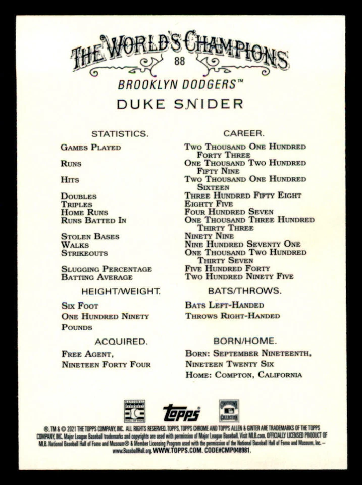 2021 Topps Allen and Ginter Chrome Refractors #88 Duke Snider (ref Y02206) - Image 2 of 2