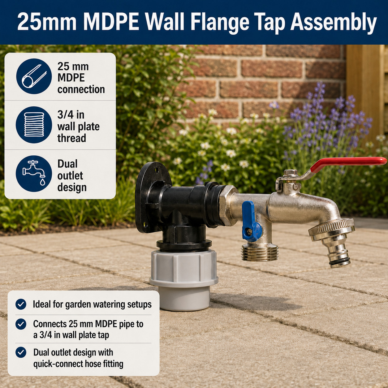 MDPE Wall Flange Dual Outlet Tap 25mm 3/4in BSP Outdoor Garden Water Fitting Kit