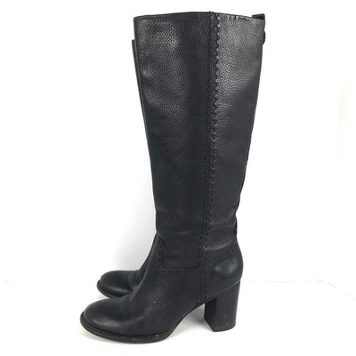 TORY BURCH Pebbled Leather Knee High Block Heel Boots Sz 8 Black w Gold Logo