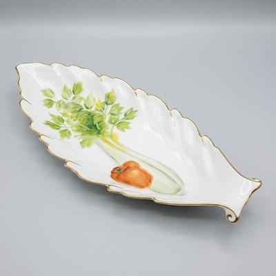 Noritake Vintage Porcelain Green Leaves Red Pepper Platinum Trim CELERY BOAT