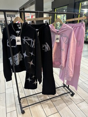 RTM Women's Star Print Black Pink Tracksuit 2 Piece Hoodie Jogger Sweatpants