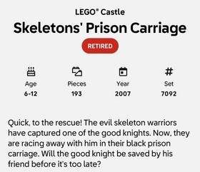 LEGO Castle: Skeletons' Prison Carriage (7092) W/Manual & Minifigs - Read