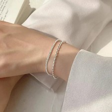 Women 925 Sterling Silver Bracelet Bangle Bean Beads Chain Ladies Jewellery Gift