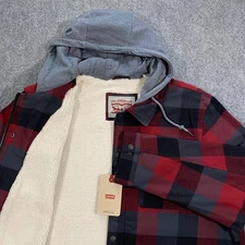 Levi's Sherpa Lined Flannel Hooded Snap Shacket Adult XXL Red Gray Plaid Jacket