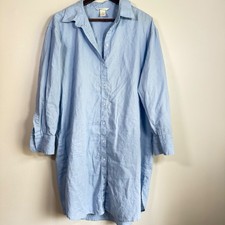 H&M Linen Blend Melange Relaxed Button Front Shirt Dress Size M Light Blue