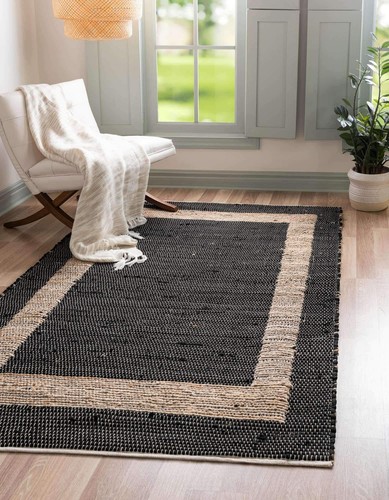 Chindi Jute Collection Area Rug (8' x 11' Rectangle, Black/ Navy Blue)