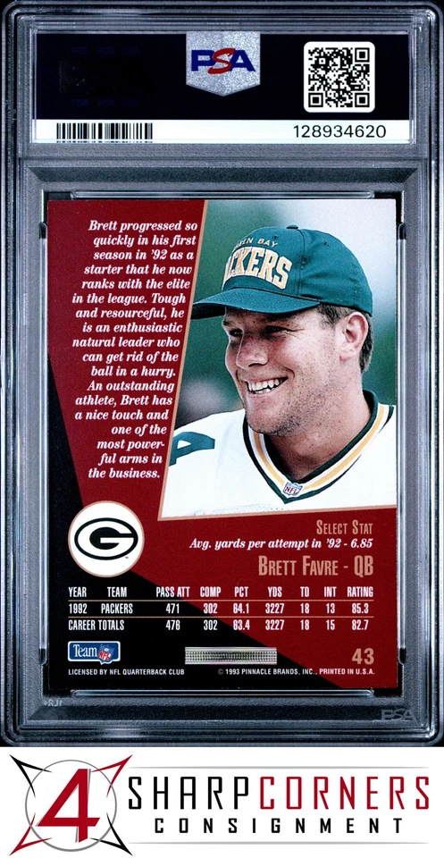 1993 SELECT #43 BRETT FAVRE PACKERS HOF PSA 10 - Image 2 of 3