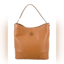 Tory Burch Chain Link Slouch Designer Tan Whipstitch Logo Hobo Purse Handbag