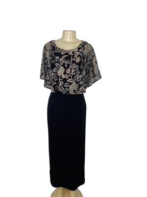 Connected Apparel Black & Gold Floral Capelet Midi Dress Womens Size 6P