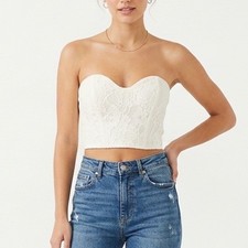 Off White Floral Lace Sweetheart Bustier Crop Top Strapless Zip Back M