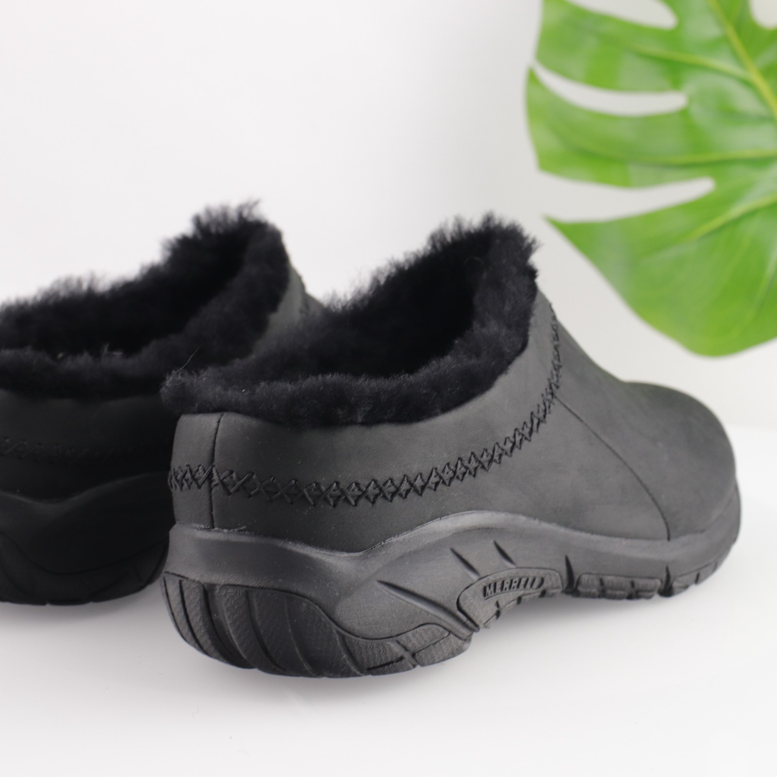 Scarpa slip on Merrell donna Encore Ice 4 Mule taglia 11 zoccoli sherpa in pelle nera