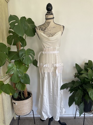 Vintage White Satin Cowl Neck Full Length maxi Slip Dress 10 Fairy Goth Gothic - Picture 11 of 15