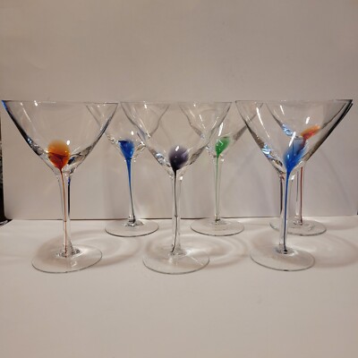 6 Martini Cosmopolitan Glass Set Blue, Orange, Green, Purple Filament Drip Stem