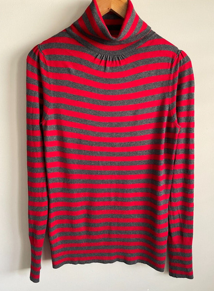 David Lawrence Womens Roll Neck Jumper - Size S Red Grey Striped Knit Turtleneck