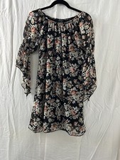 Love Ryan Black Floral Grunge Knee Dress Flare Sleeve Fairy Size M Sheer Lined