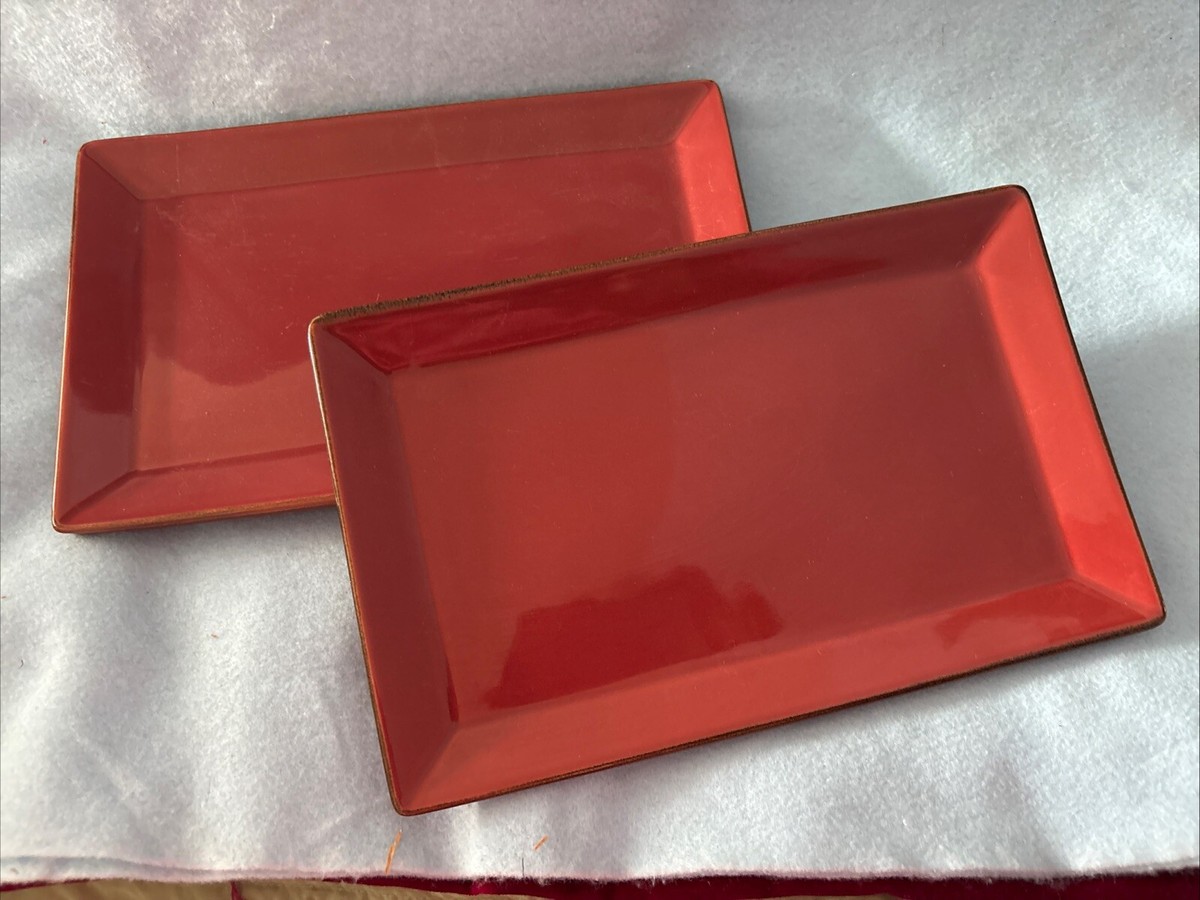 Pottery Barn Outlet サービングプレートセット Set/3 Pottery Barn Red w/ Tan Edge Rectangular Plate; Serving