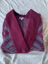 Horny Toad Red Aztec Print 100% Lambswool Shinzo Cardigan Sweater 3/4 Sleeve Sm