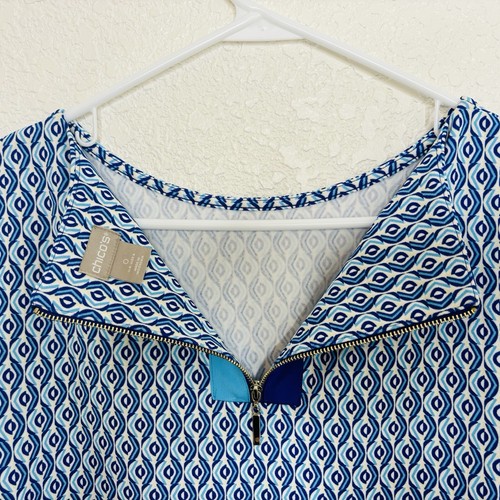 Chicos Short Sleeve Top Size 0 Back 1/4 Zip Round Neck Stretch Side Slits Blue - Picture 6 of 9