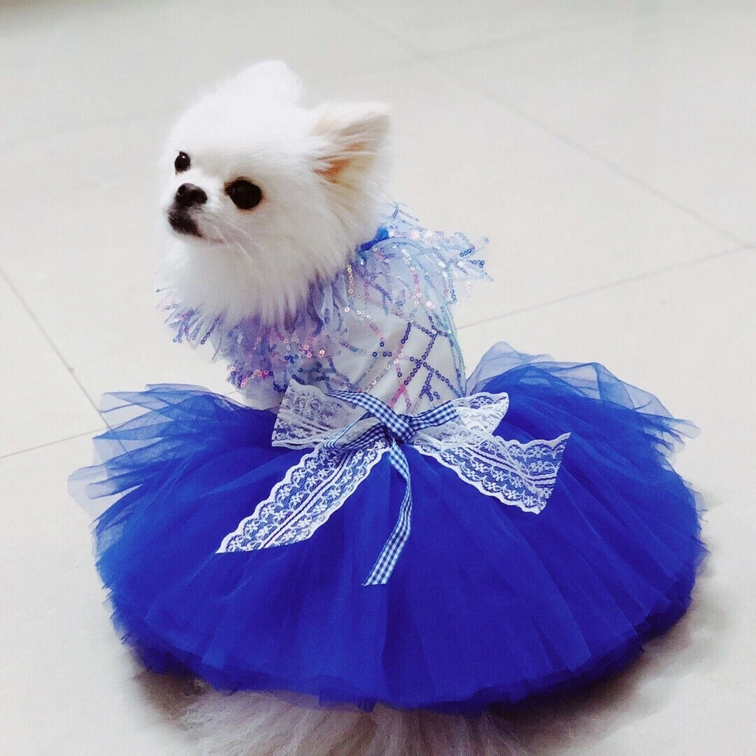 Dog Wedding Dress Lace Mesh Clothes Sequin Bride Pet Costume Shiny Princess