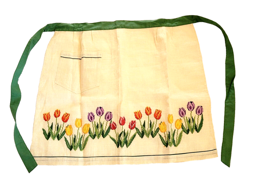 Colorful TULIPS Handmade Finished Cross Stitch Floral Linen Apron w Green Ties - Picture 3 of 22