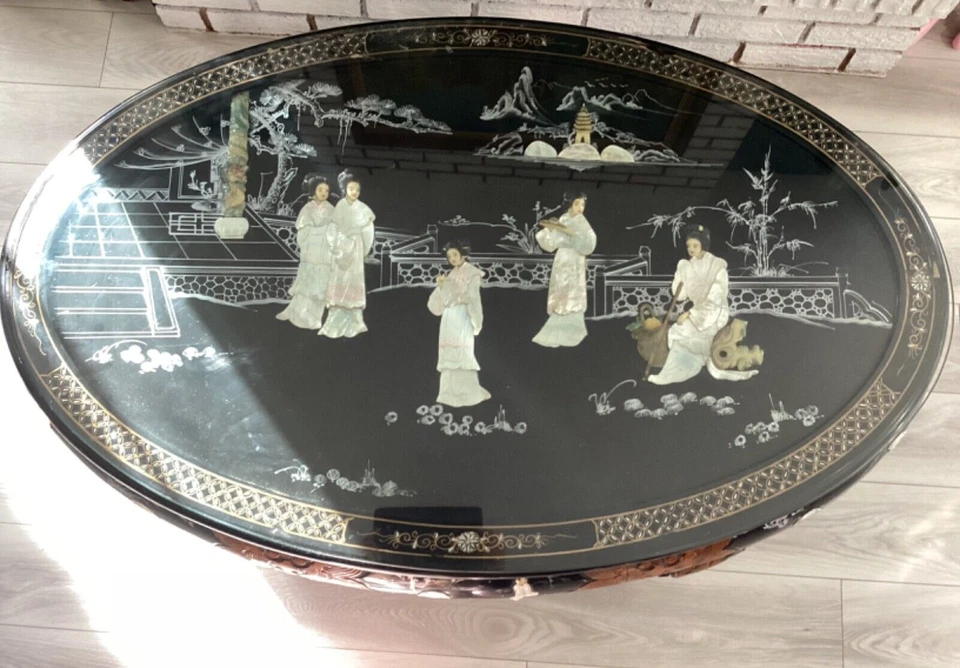 老式中国咖啡茶低桌带6把拉椅,珍珠母黑漆 — 第 3/4 张图片