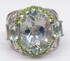 Green Peridot Quartz Large Ring Sterling Silver 925 Size 7 Prong Ornate Sparkly