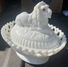 Vintage Westmoreland Milk Glass Lion On Lace Basket Hen On Nest Type