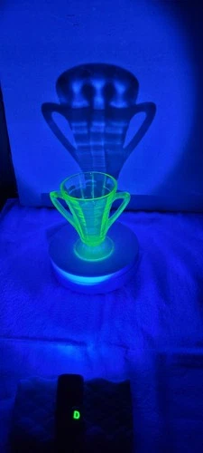 VTG Hocking Green Footed Block Optic Depression Uranium Glass 2 Handled Sugar