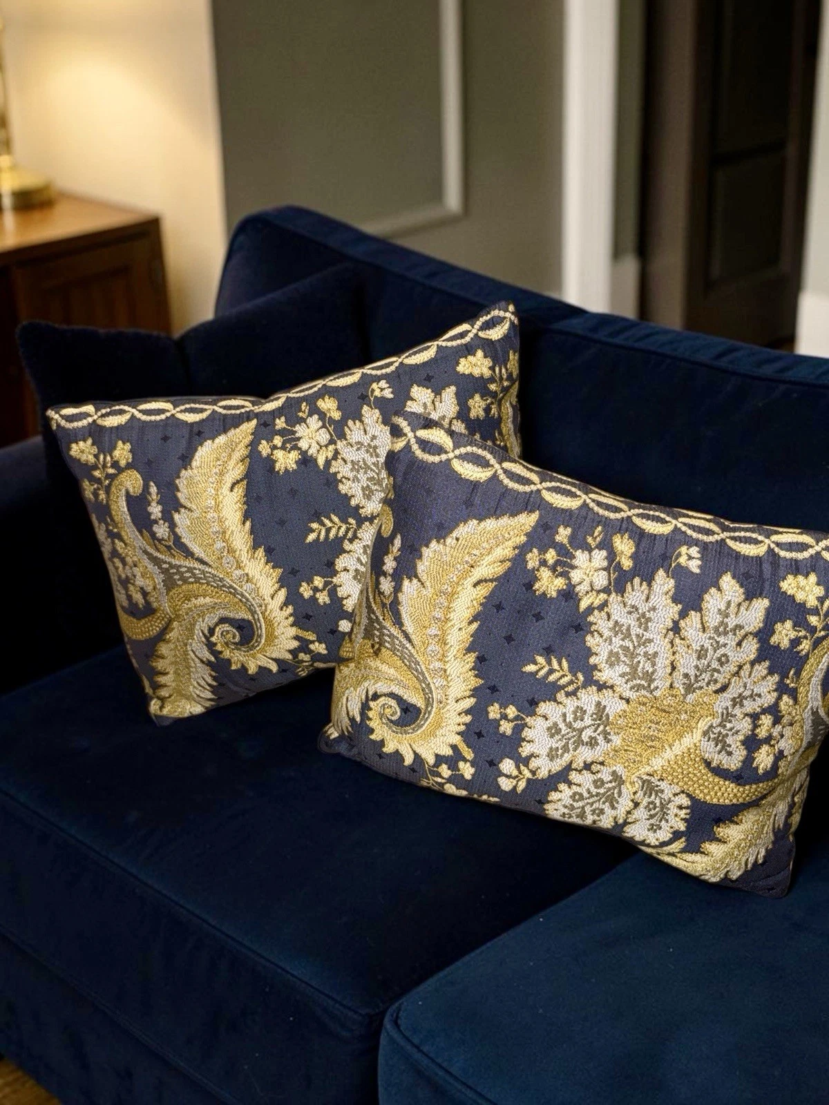 Set of 2 Navy Gold Tapestry Throw Pillows Ornate Floral Handmade Style Decor