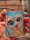 ACEO Original Mixed Media Painting Art - Cat with Fish — photo 3