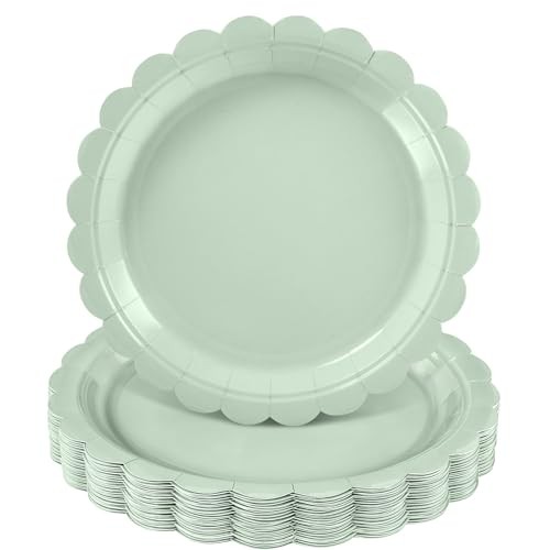 NatNarr 30 Pcs Sage Green Paper Plates 9 Inch Scalloped  Assorted colors 