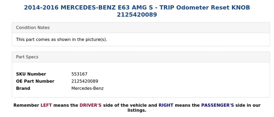 Mercedes-Benz E63 AMG S 2014-2016 - TRIP odómetro perilla de reinicio 2125420089 Foto 4 de 4