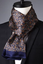 100% Silk men women Scarf neckerchief Wrap paisley navy blue yellow gray MY221-1