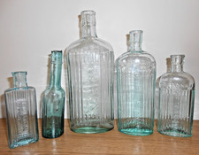 Nice Collection of 5 Antique Aqua Glass Ribbed Poison Bottles - c1920s