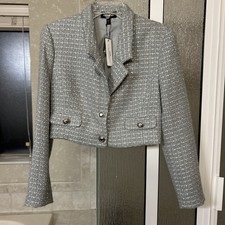 NWT Express Sage Green Tweed Sequins Wool Blend Crop Jacket Sz S
