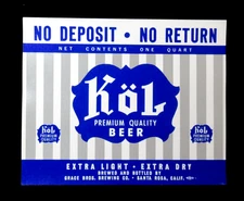 Original Vintage Kol Premium Quality Beer Label CA