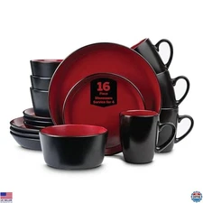 Stone Lain Albie 16-Piece Stoneware Dinnerware Set - Red & Black, Microwave Safe