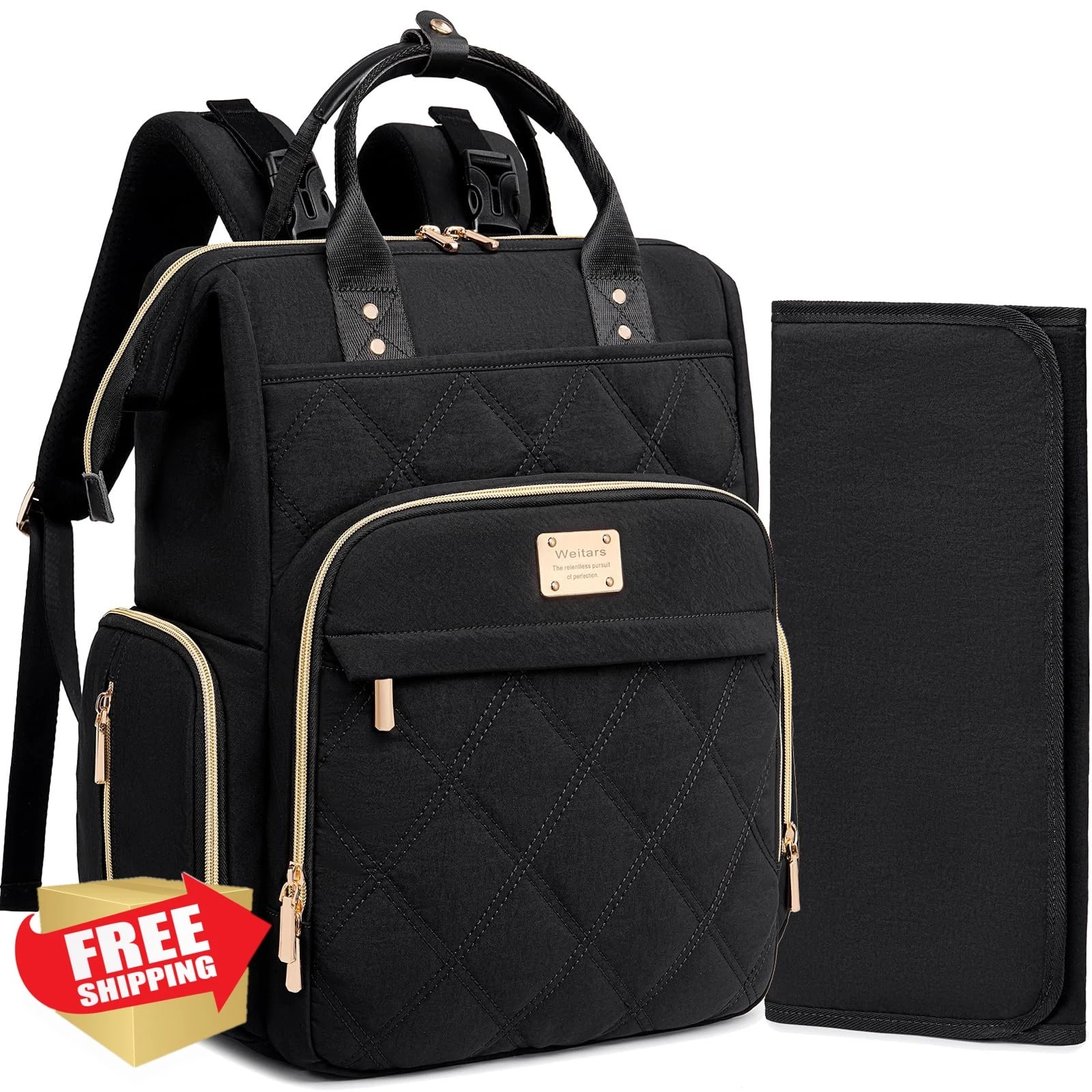 Weitars Diaper Bag Backpack Black Travel Large Baby Changing Pad