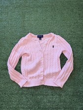 Polo Ralph Lauren Girl's Size 5 Pink cardigan Sweater Cable Knit Pony Flaws