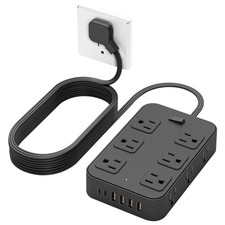 Flat Plug Power Strip Surge Protector 5 Ft Extension Cord with 12 AC Outlets ...