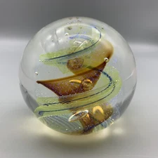 Celestial Art Glass Paperweight Gold Blue Spiral Glitter Controlled Bubbles VTG