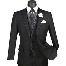 VINCI Men's Black 3pc 2 Button Slim Fit Tuxedo Suit w/ Matching Vest NEW