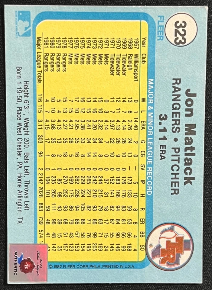 1982 FLEER JON MATLACK RANGERS 2022 HISTORIC AUTOGRAPHS SIGNED AUTO - Image 2 of 2