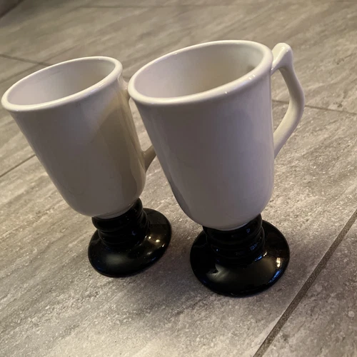 Vintage Hall Footed Pedestal Irish Coffee Mugs Set of 2 Black White #1273 USA