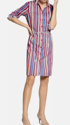 Basler Multicolor Striped Adjustable Sleeve Belted Lined Shirt Dress Size 38