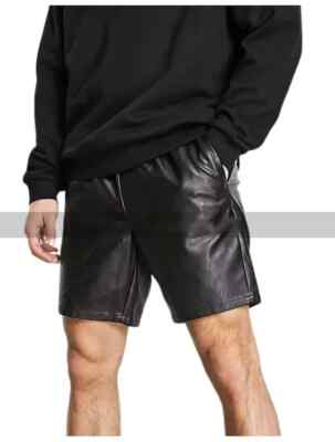 Schwarz Leder Sport handgefertigt weich stilvoll neu Shorts Hose Herren Lamml...