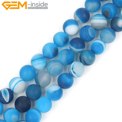 Natural Blue Banded Agate Stone Round Matte Spacer Beads For Making Jewelry 15" - Picture 25 of 29