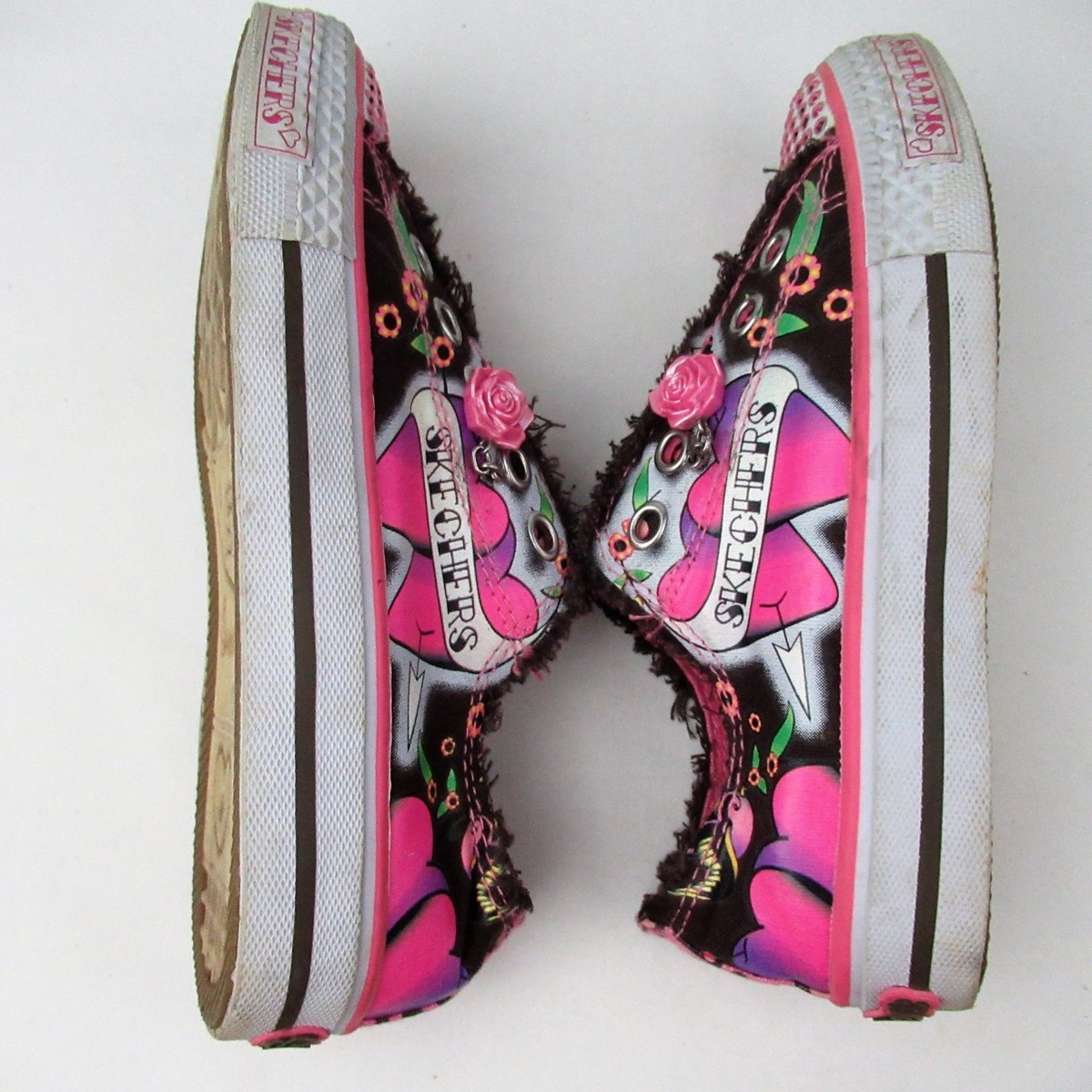 ☺︎love Skechers 13.5 Tattoo Sneakers Love Bling No Tie Flowers Pink