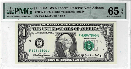1988A Federal Reserve 'WEB' note-fr.1917-F(Atlanta-Run11 FU Block)4/8-PMG 65 EPQ